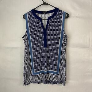 Jones New York Womens Top M Sleeveless Blue Boho V Tunic Print Pullover Summer